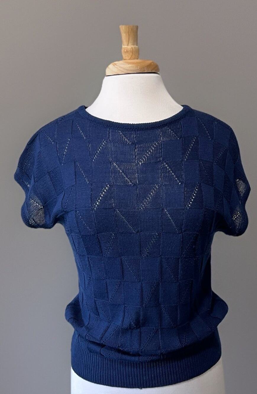Vintage 80s Haberdashery Women's L Navy Blue Sweater Open Knit Top Cap Sleeve